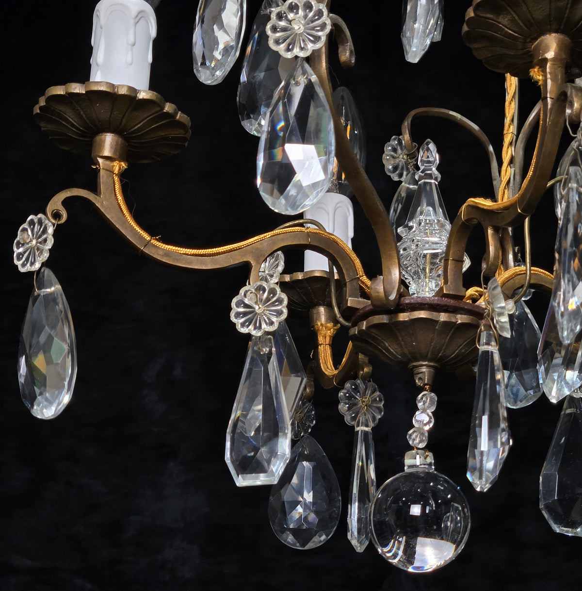Traditional Antique French 4 Arm Bronze Cage Crystal Chandelier Light