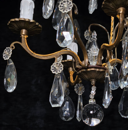 Traditional Antique French 4 Arm Bronze Cage Crystal Chandelier Light