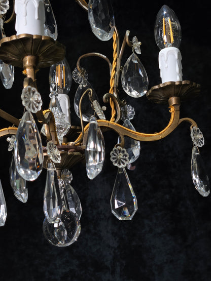 Traditional Antique French 4 Arm Bronze Cage Crystal Chandelier Light