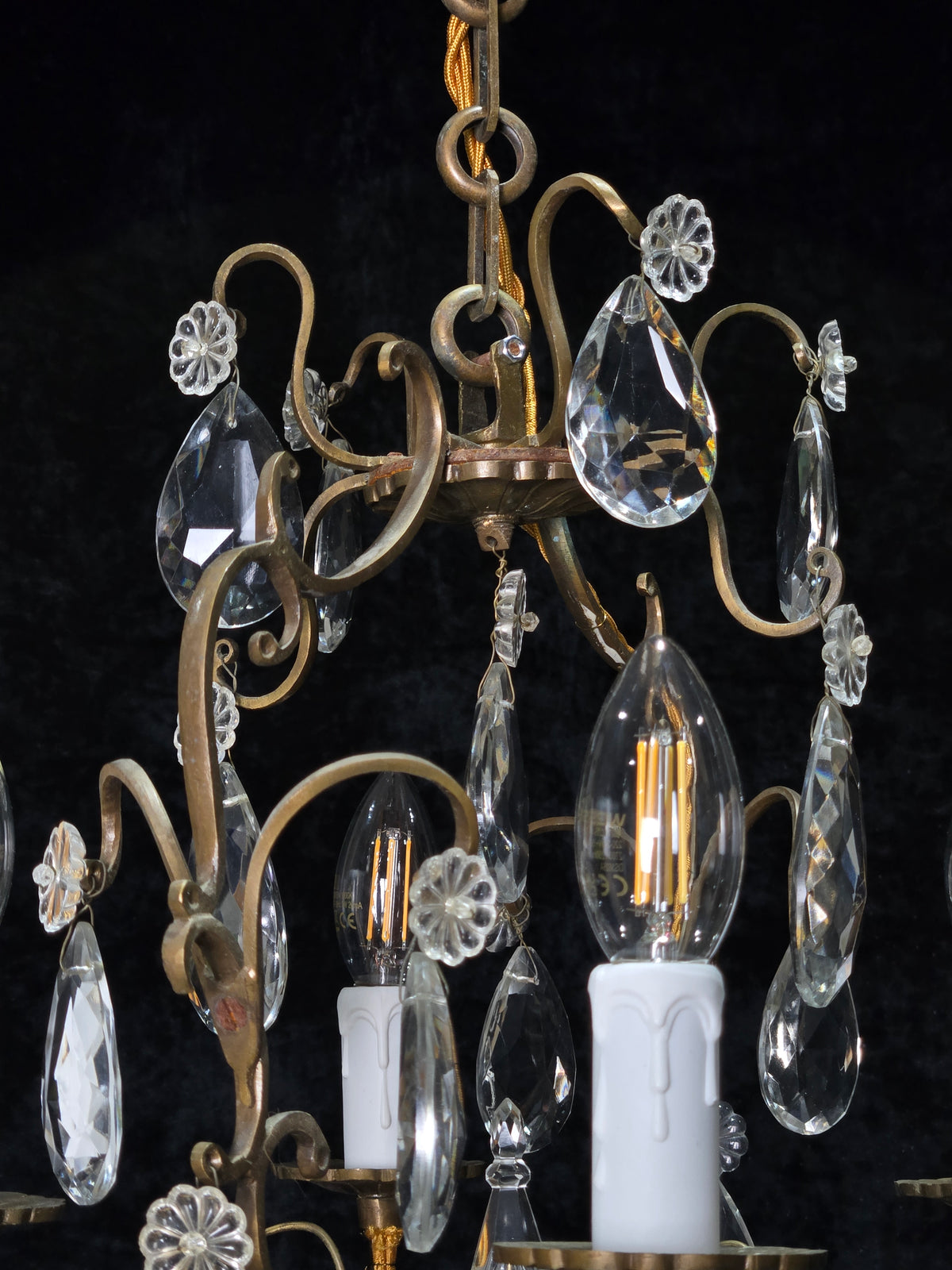 Traditional Antique French 4 Arm Bronze Cage Crystal Chandelier Light