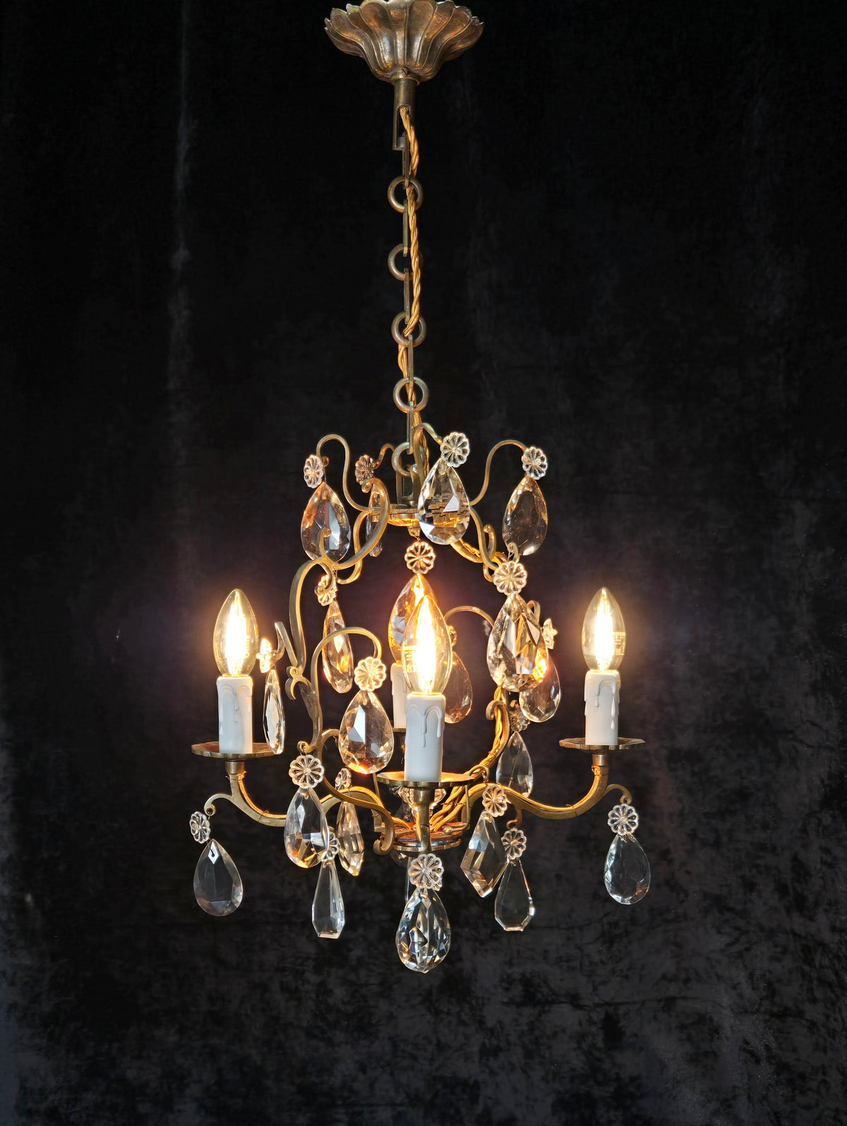Traditional Antique French 4 Arm Bronze Cage Crystal Chandelier Light