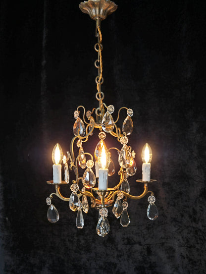 Traditional Antique French 4 Arm Bronze Cage Crystal Chandelier Light