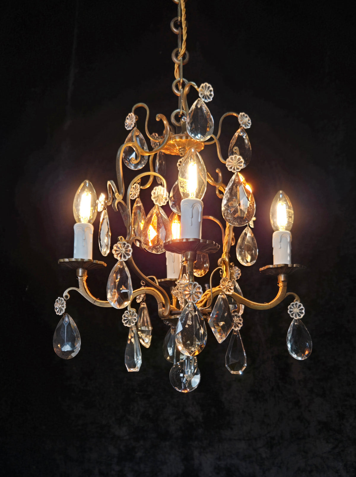 Traditional Antique French 4 Arm Bronze Cage Crystal Chandelier Light