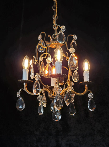 Traditional Antique French 4 Arm Bronze Cage Crystal Chandelier Light