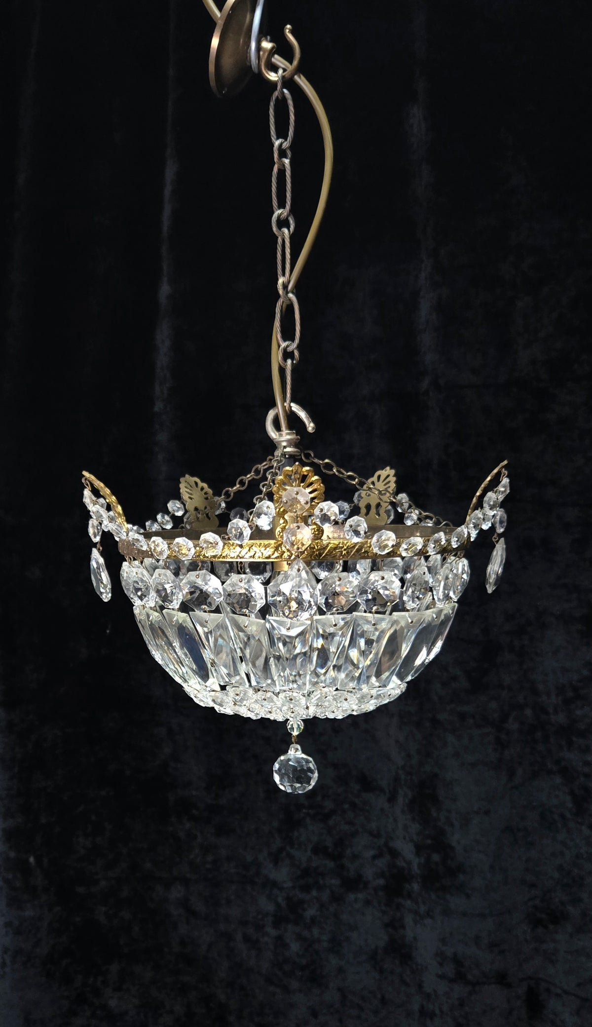 Lovely Vintage French 1 Light Crystal Brass Half Bag Leaf Chandelier