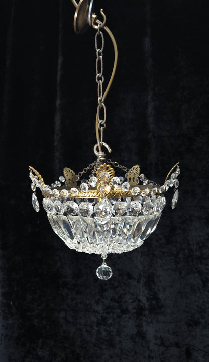 Lovely Vintage French 1 Light Crystal Brass Half Bag Leaf Chandelier