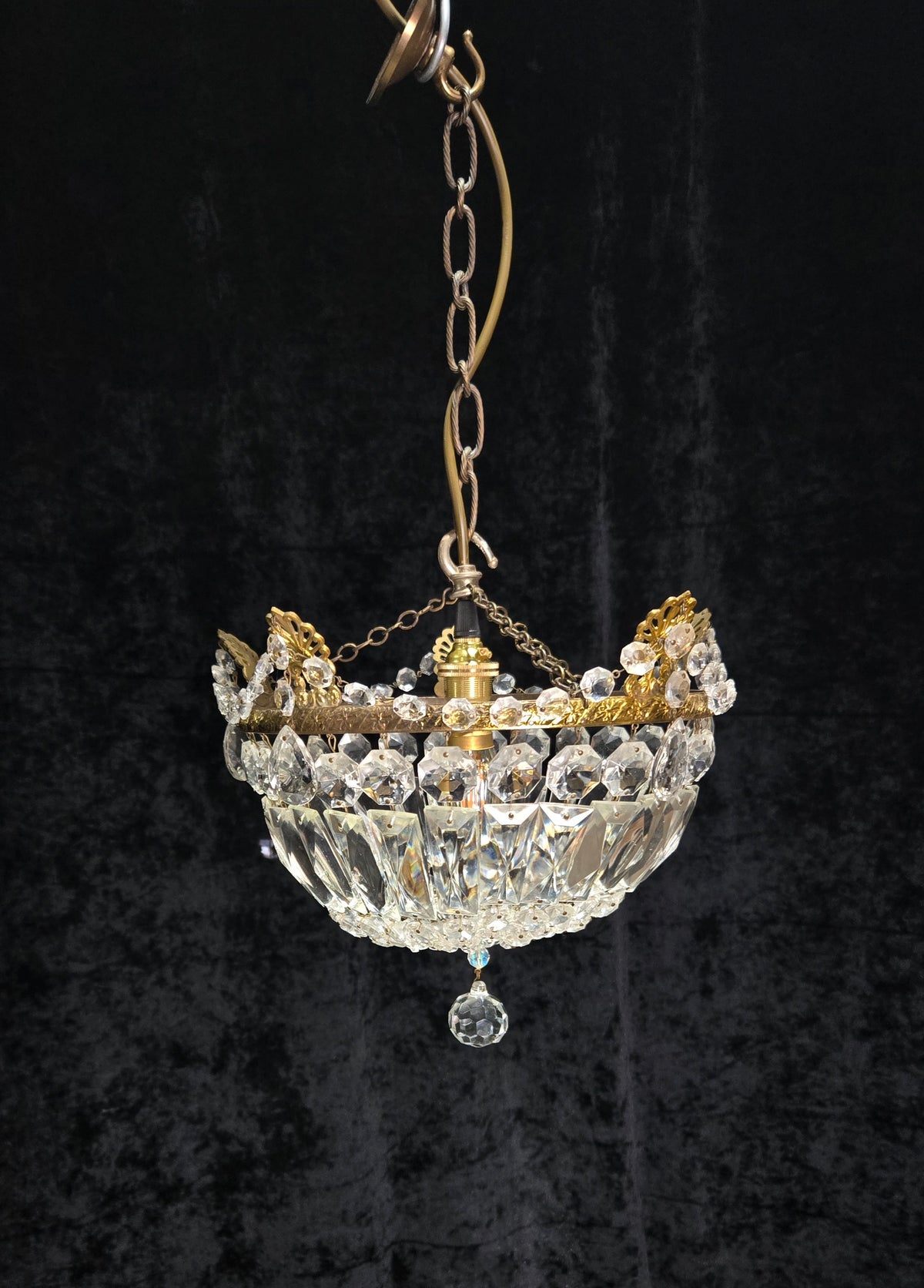 Lovely Vintage French 1 Light Crystal Brass Half Bag Leaf Chandelier
