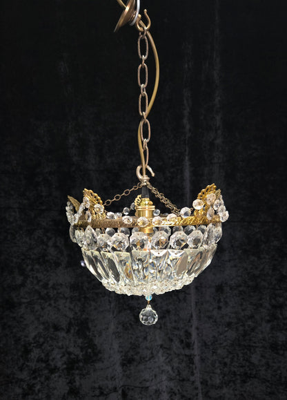Lovely Vintage French 1 Light Crystal Brass Half Bag Leaf Chandelier