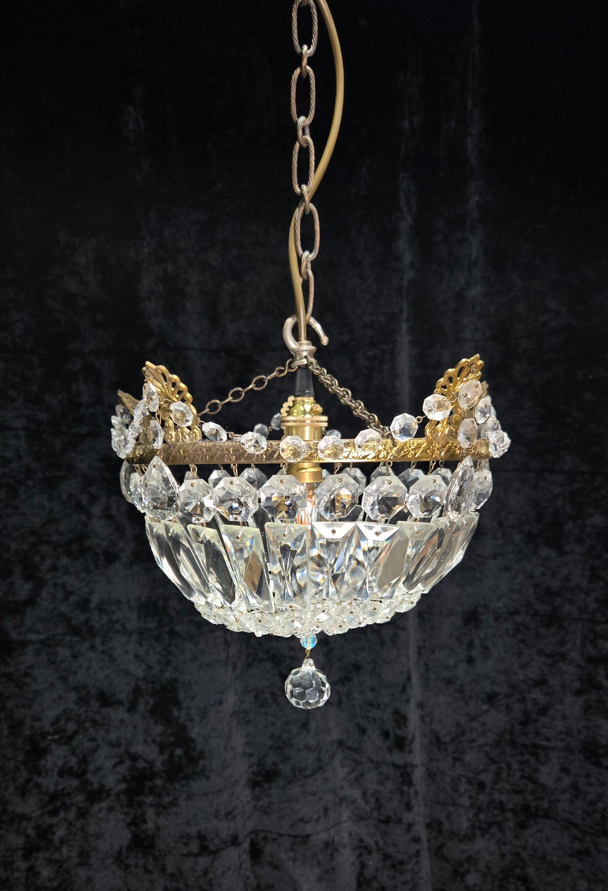 Lovely Vintage French 1 Light Crystal Brass Half Bag Leaf Chandelier