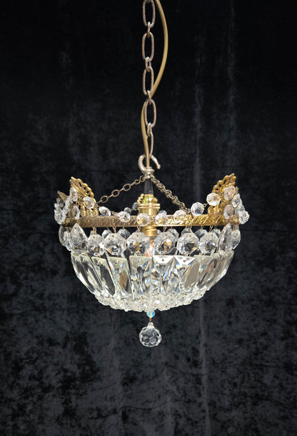 Lovely Vintage French 1 Light Crystal Brass Half Bag Leaf Chandelier