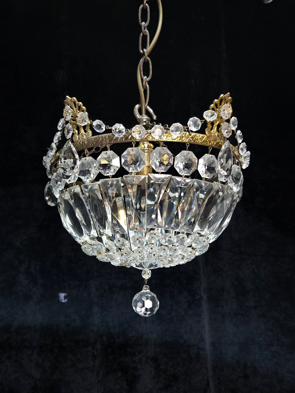 Lovely Vintage French 1 Light Crystal Brass Half Bag Leaf Chandelier