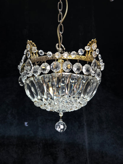 Lovely Vintage French 1 Light Crystal Brass Half Bag Leaf Chandelier