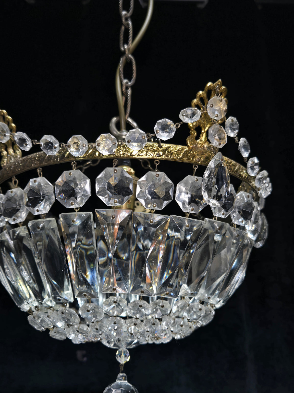 Lovely Vintage French 1 Light Crystal Brass Half Bag Leaf Chandelier