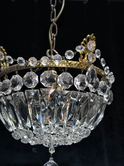 Lovely Vintage French 1 Light Crystal Brass Half Bag Leaf Chandelier