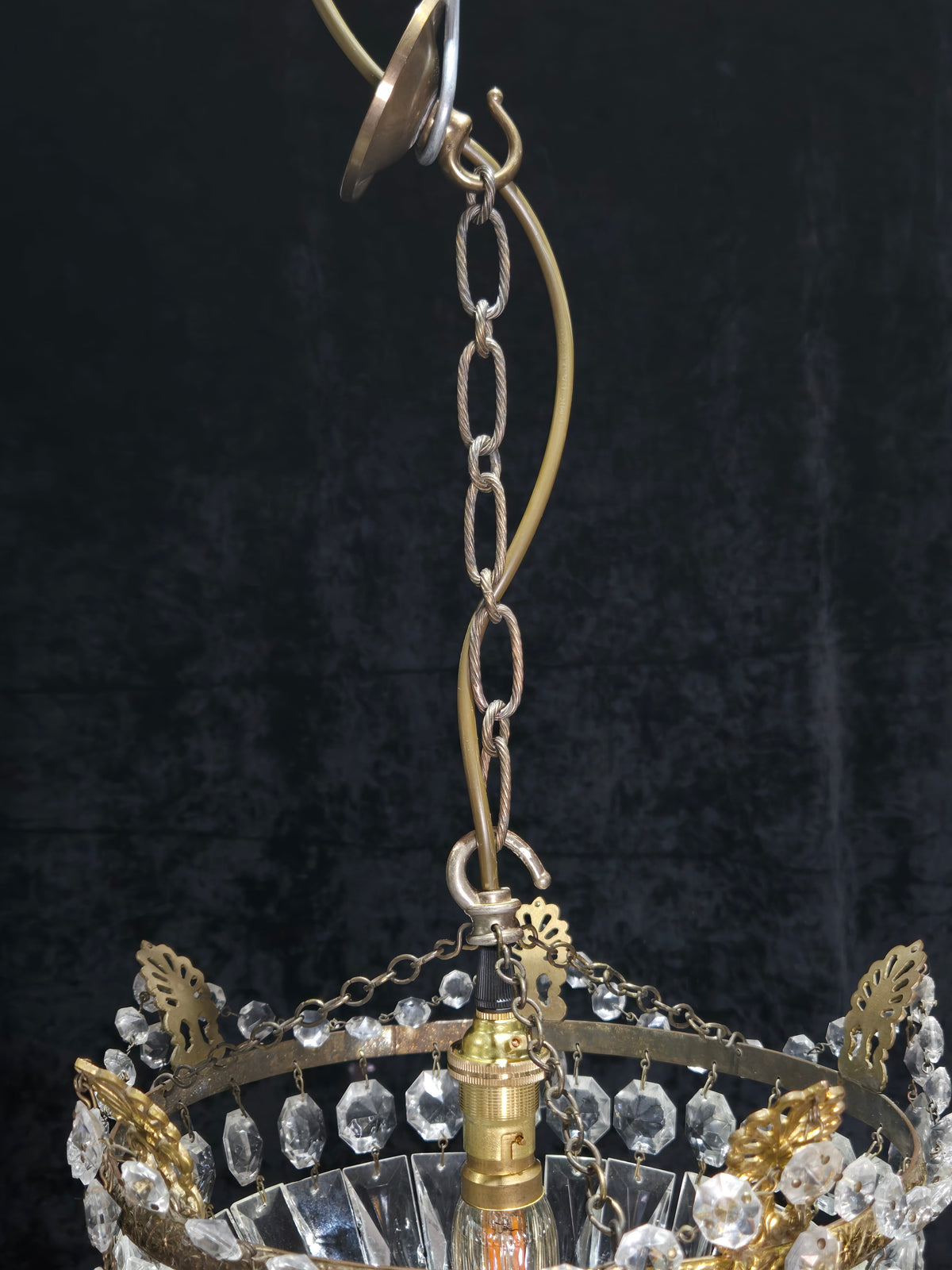 Lovely Vintage French 1 Light Crystal Brass Half Bag Leaf Chandelier