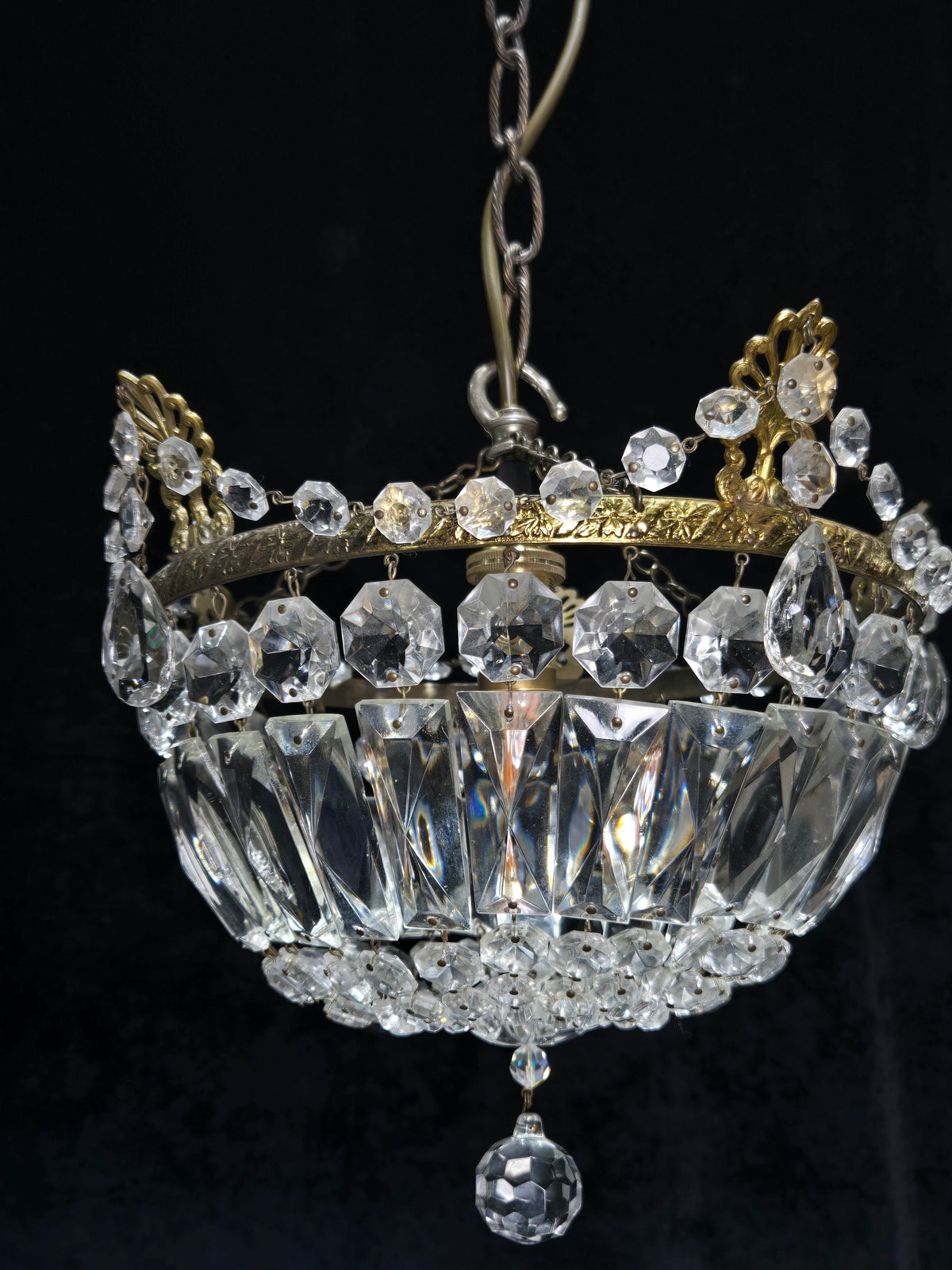 Lovely Vintage French 1 Light Crystal Brass Half Bag Leaf Chandelier
