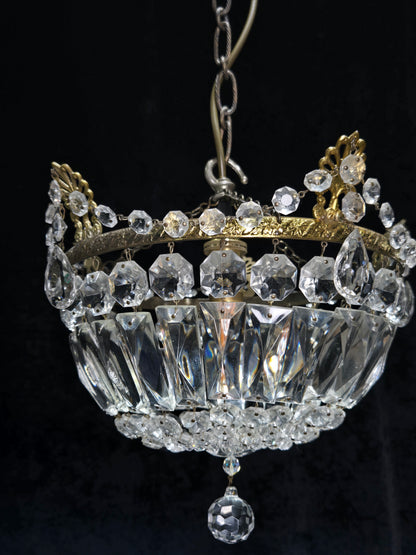 Lovely Vintage French 1 Light Crystal Brass Half Bag Leaf Chandelier