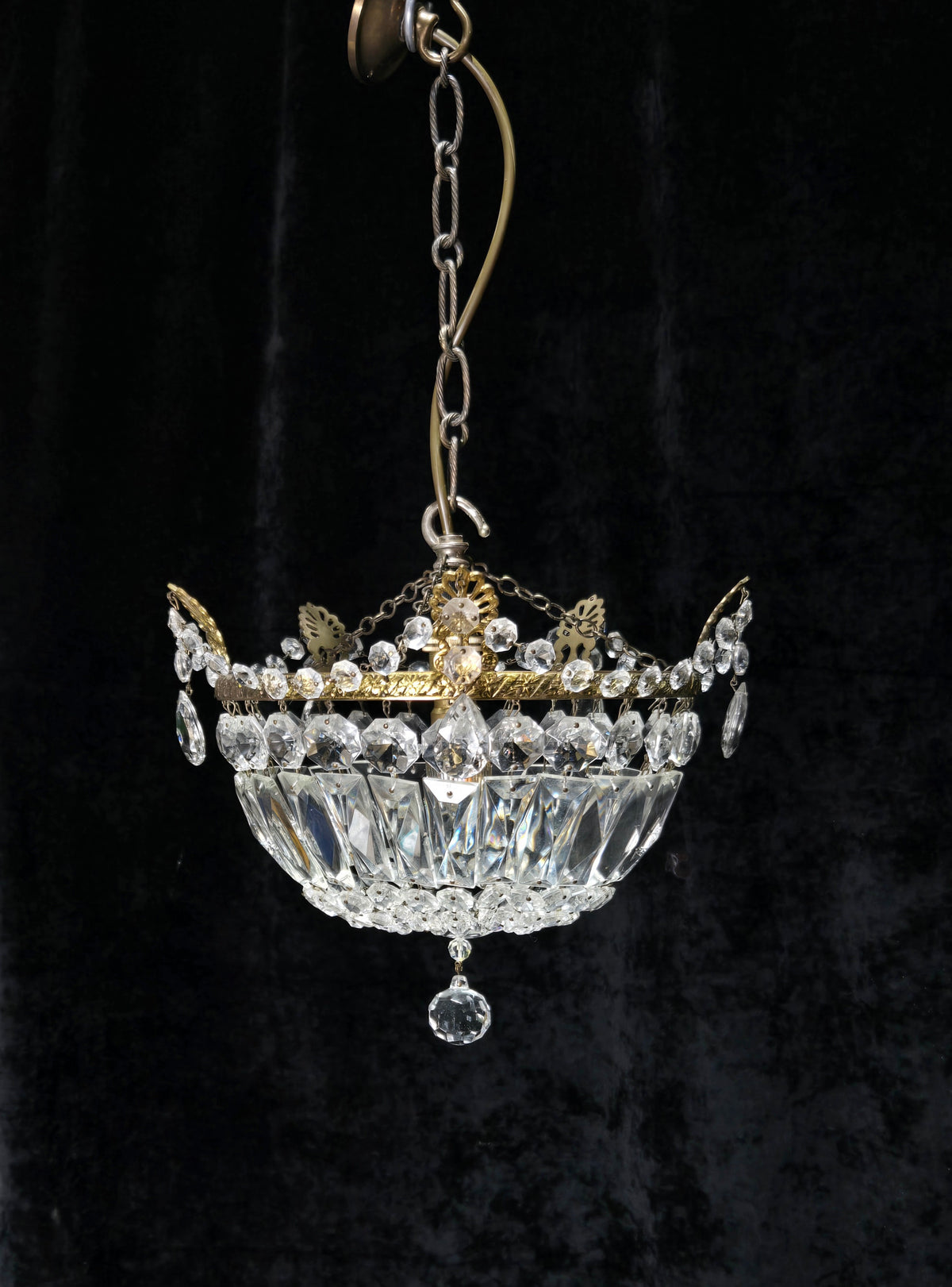 Lovely Vintage French 1 Light Crystal Brass Half Bag Leaf Chandelier