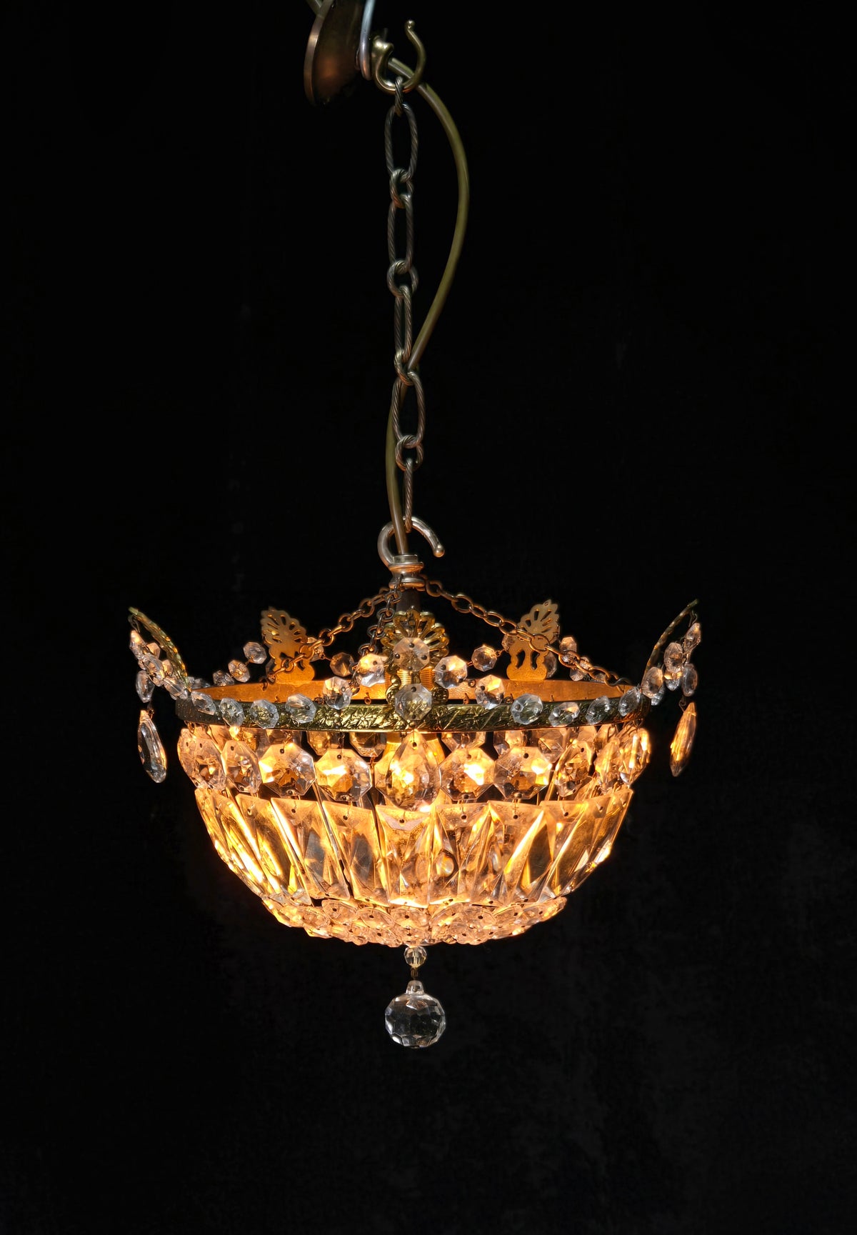 Lovely Vintage French 1 Light Crystal Brass Half Bag Leaf Chandelier