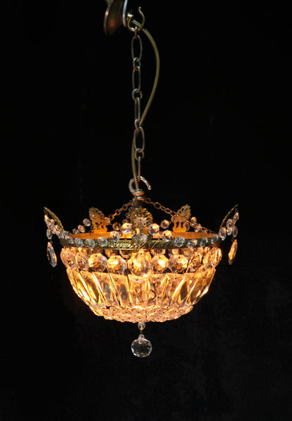 Lovely Vintage French 1 Light Crystal Brass Half Bag Leaf Chandelier