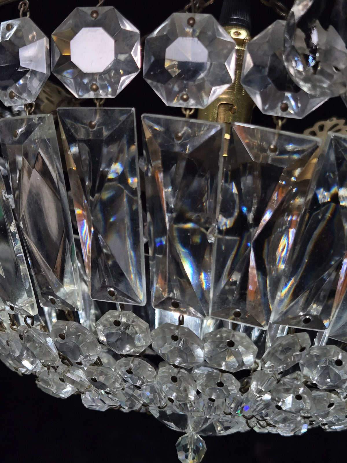 Lovely Vintage French 1 Light Crystal Brass Half Bag Leaf Chandelier