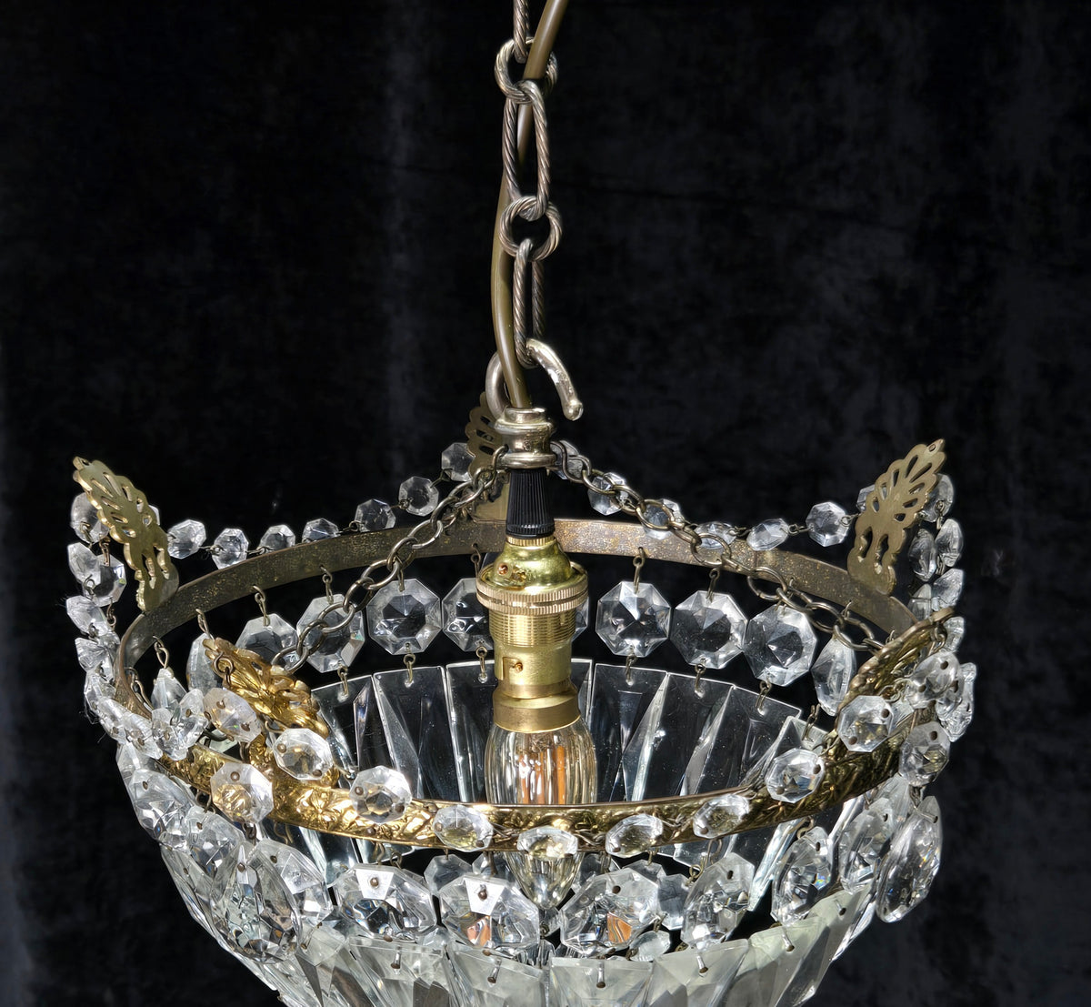 Lovely Vintage French 1 Light Crystal Brass Half Bag Leaf Chandelier
