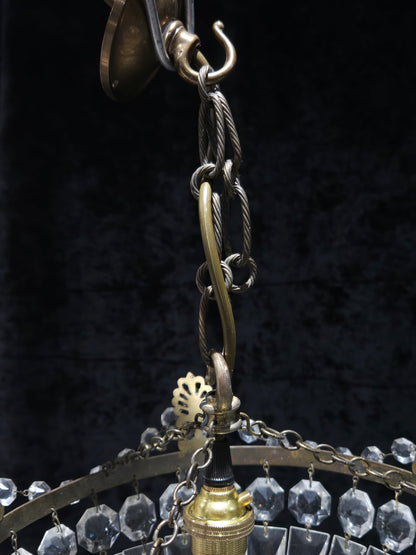 Lovely Vintage French 1 Light Crystal Brass Half Bag Leaf Chandelier