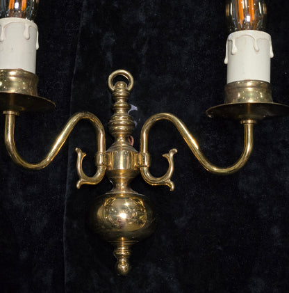 Petite Pair Vintage Polished Brass 2 Arm Electric Flemish Style Wall Lights