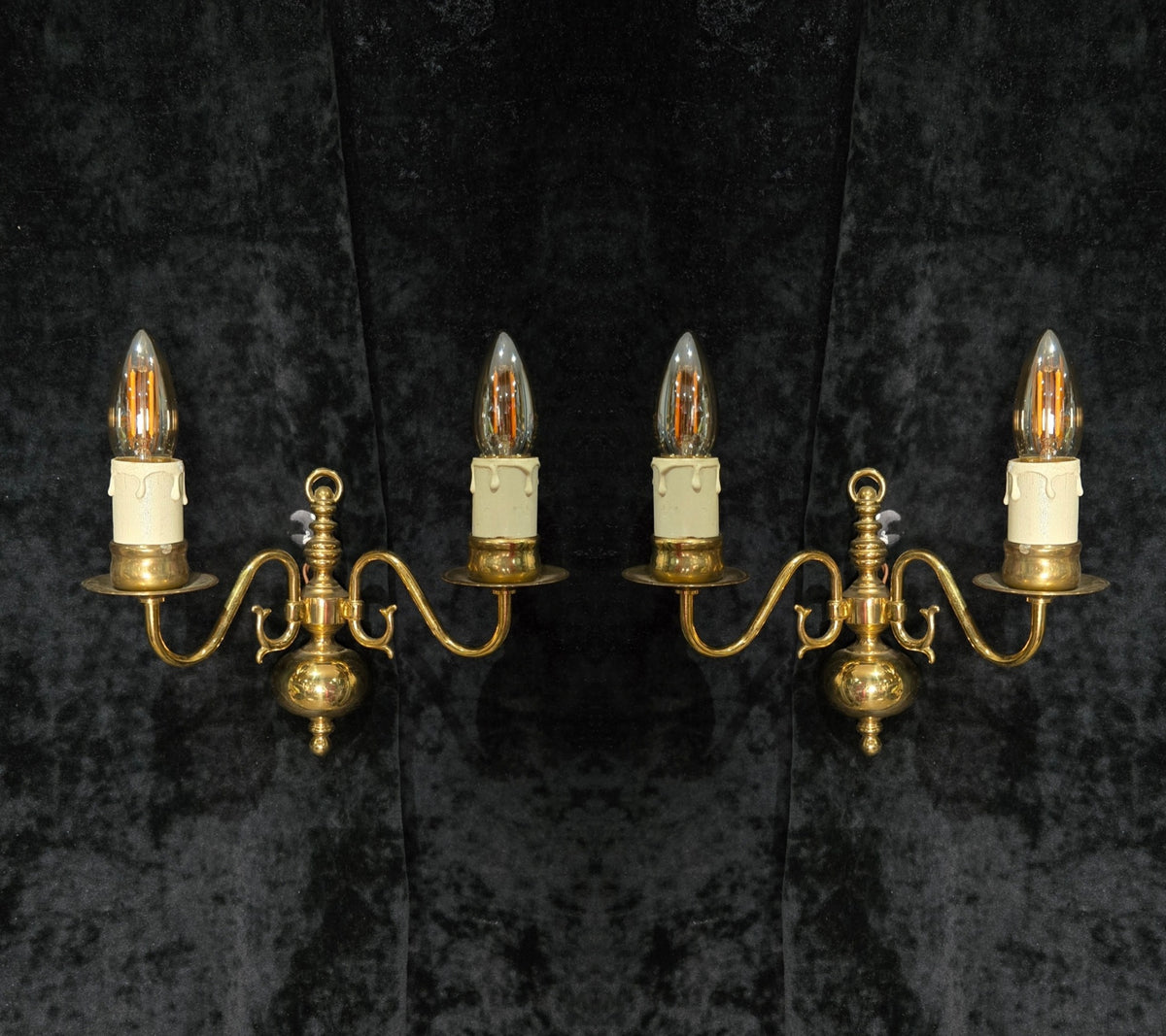 Petite Pair Vintage Polished Brass 2 Arm Electric Flemish Style Wall Lights