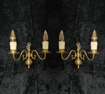 Petite Pair Vintage Polished Brass 2 Arm Electric Flemish Style Wall Lights