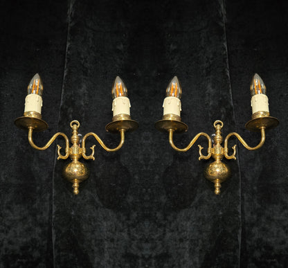 Petite Pair Vintage Polished Brass 2 Arm Electric Flemish Style Wall Lights