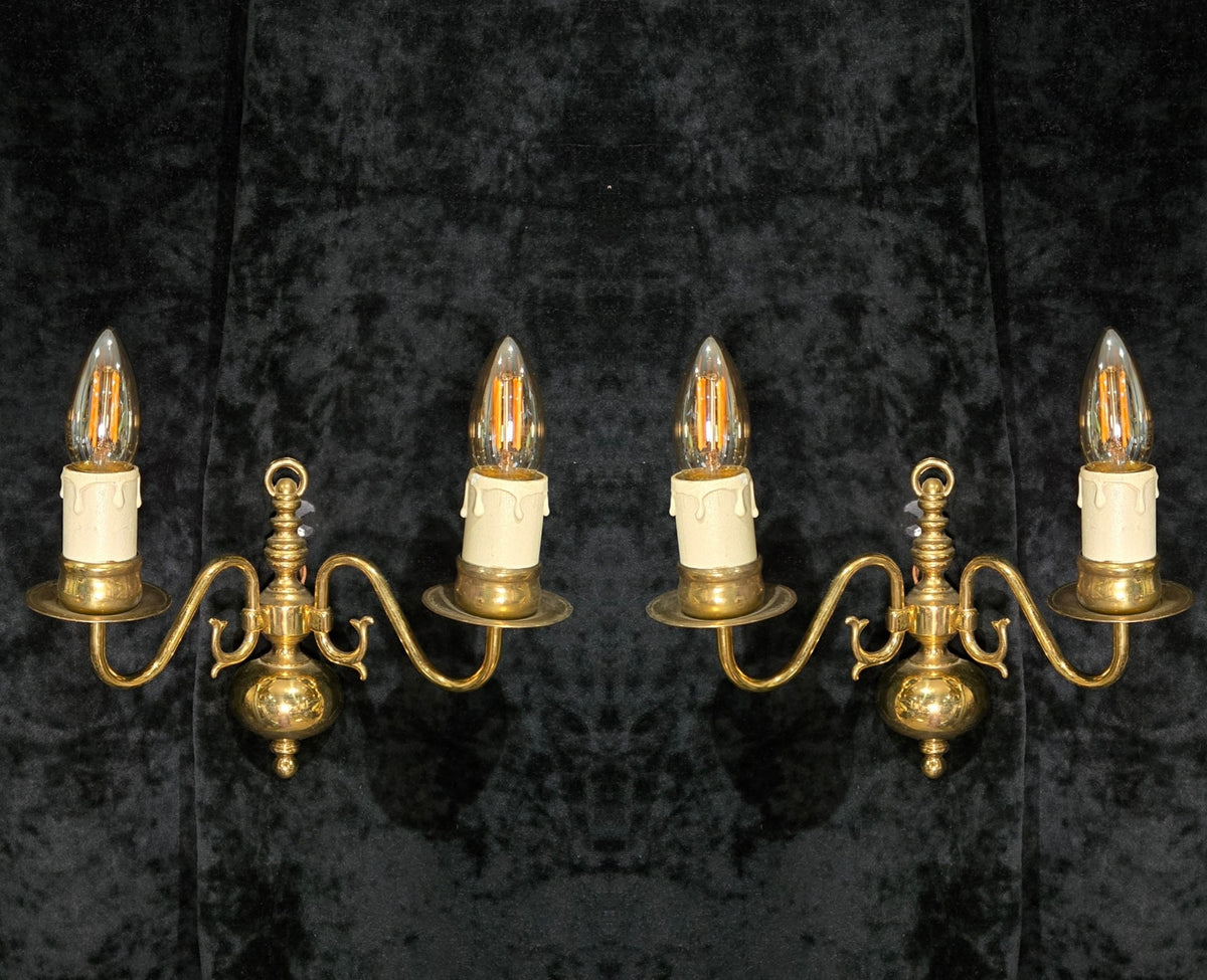 Petite Pair Vintage Polished Brass 2 Arm Electric Flemish Style Wall Lights
