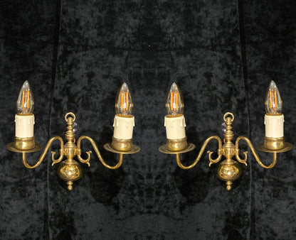 Petite Pair Vintage Polished Brass 2 Arm Electric Flemish Style Wall Lights