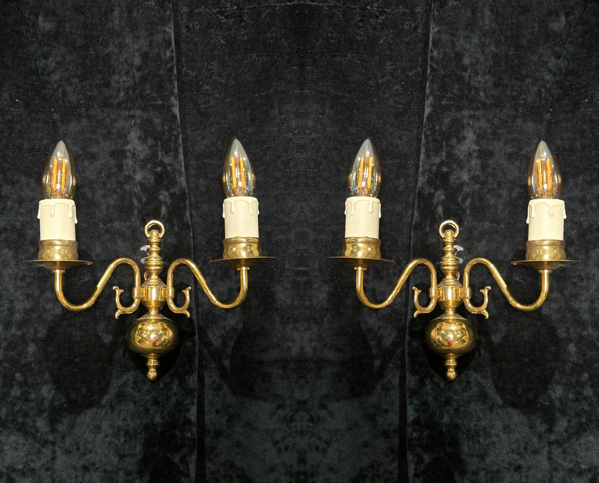 Petite Pair Vintage Polished Brass 2 Arm Electric Flemish Style Wall Lights