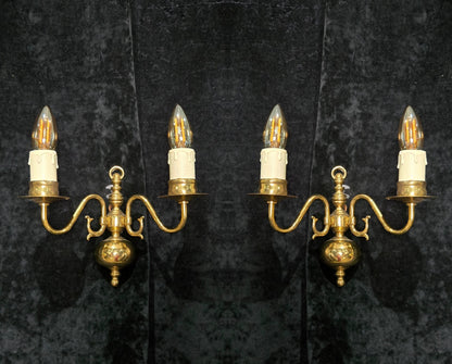 Petite Pair Vintage Polished Brass 2 Arm Electric Flemish Style Wall Lights