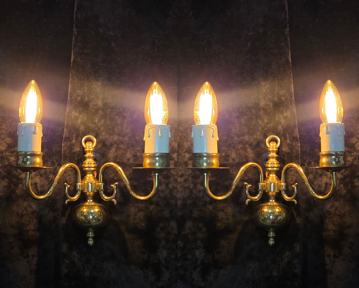Petite Pair Vintage Polished Brass 2 Arm Electric Flemish Style Wall Lights