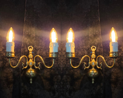 Petite Pair Vintage Polished Brass 2 Arm Electric Flemish Style Wall Lights