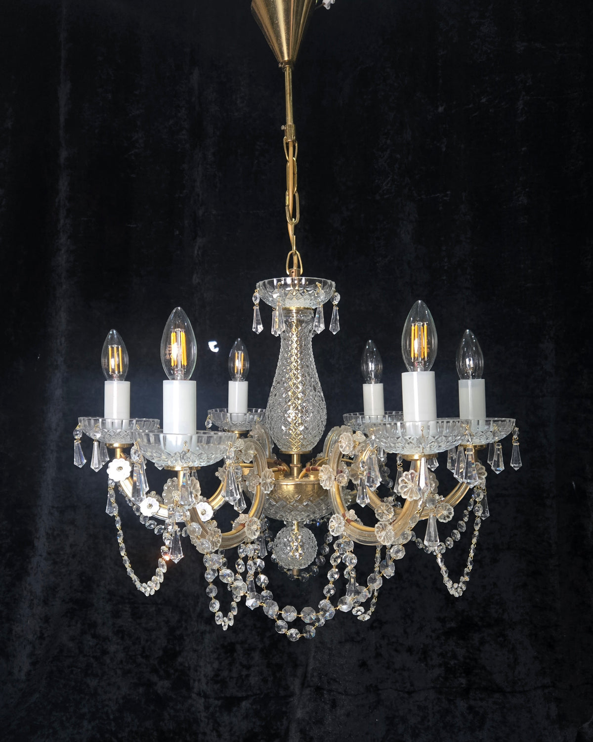 Beautiful Vintage French Crystal 6 Arm Marie Therese Brass Chandelier Light