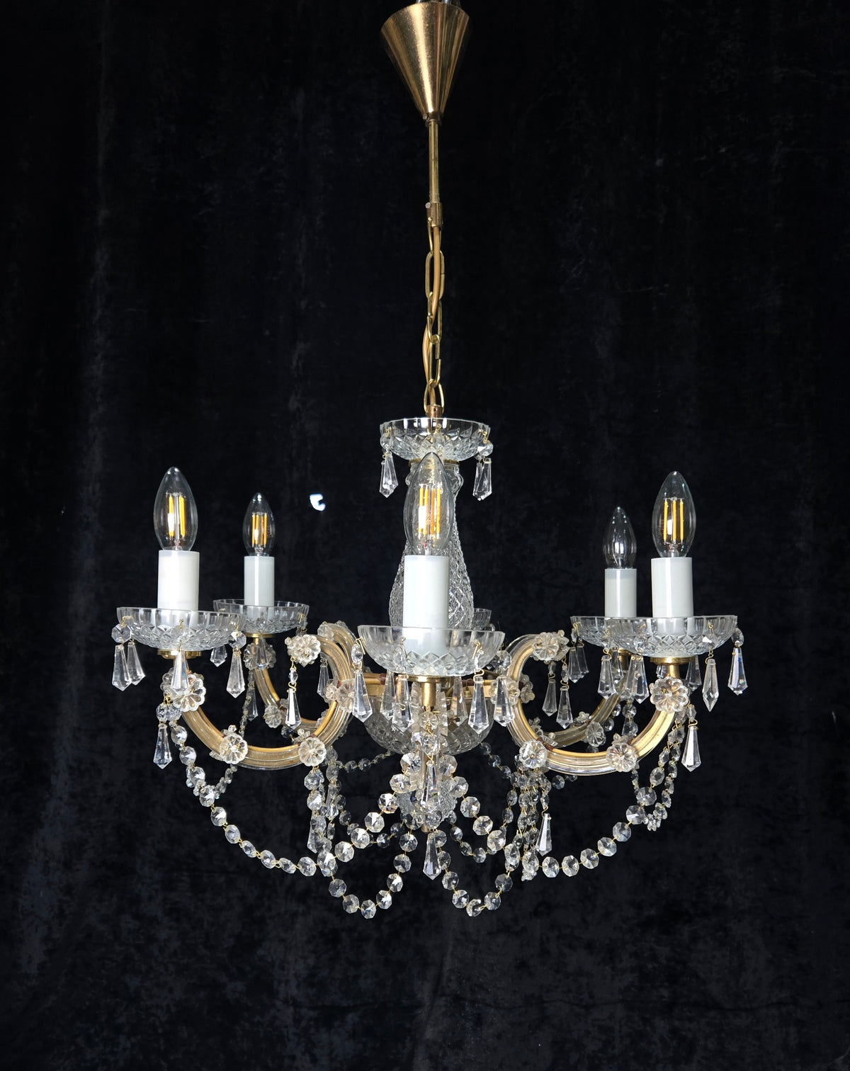 Beautiful Vintage French Crystal 6 Arm Marie Therese Brass Chandelier Light