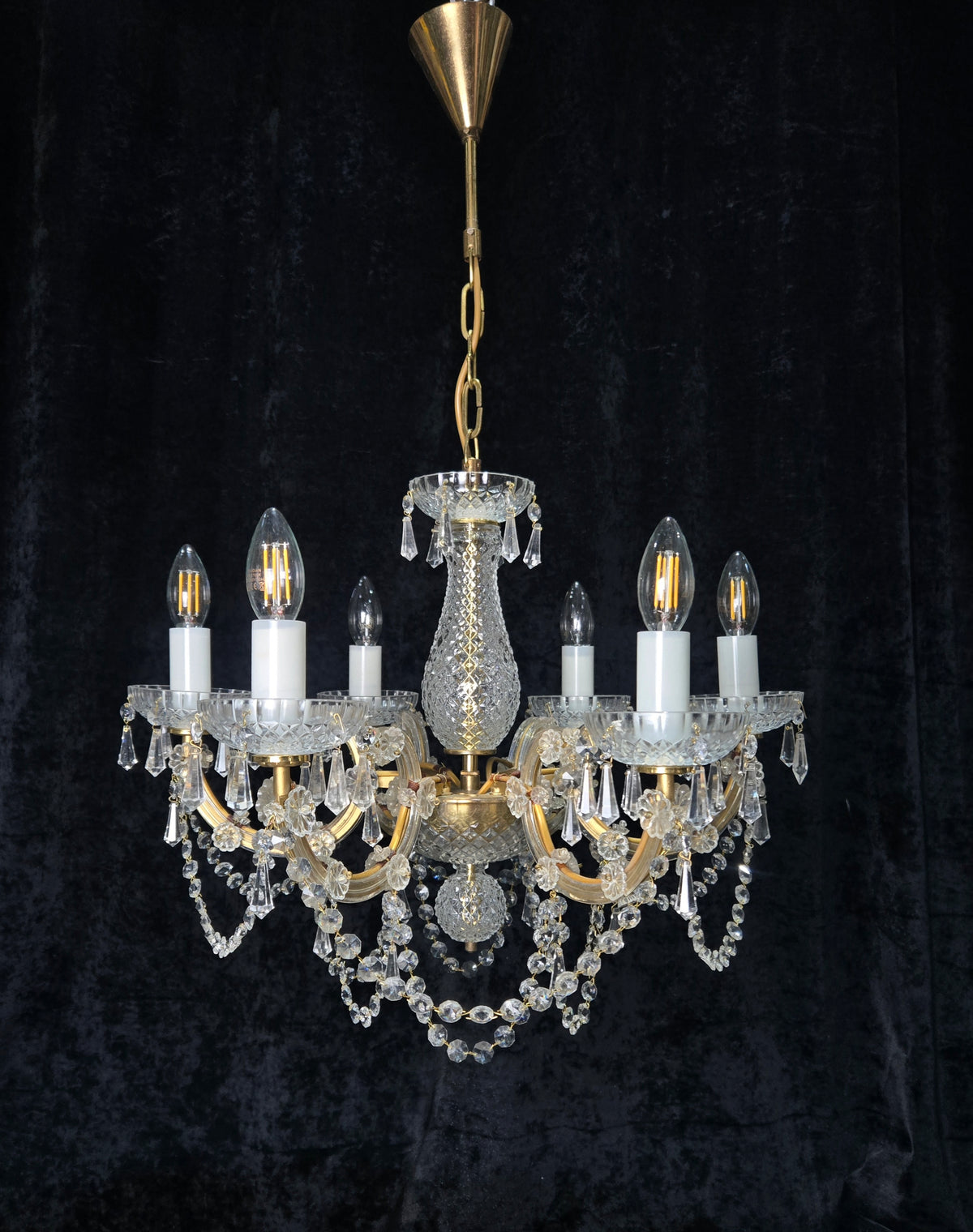 Beautiful Vintage French Crystal 6 Arm Marie Therese Brass Chandelier Light