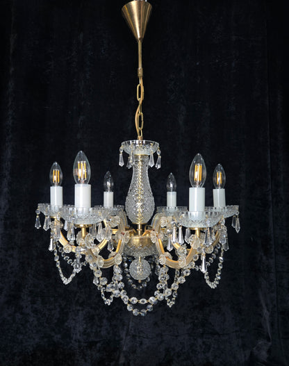Beautiful Vintage French Crystal 6 Arm Marie Therese Brass Chandelier Light