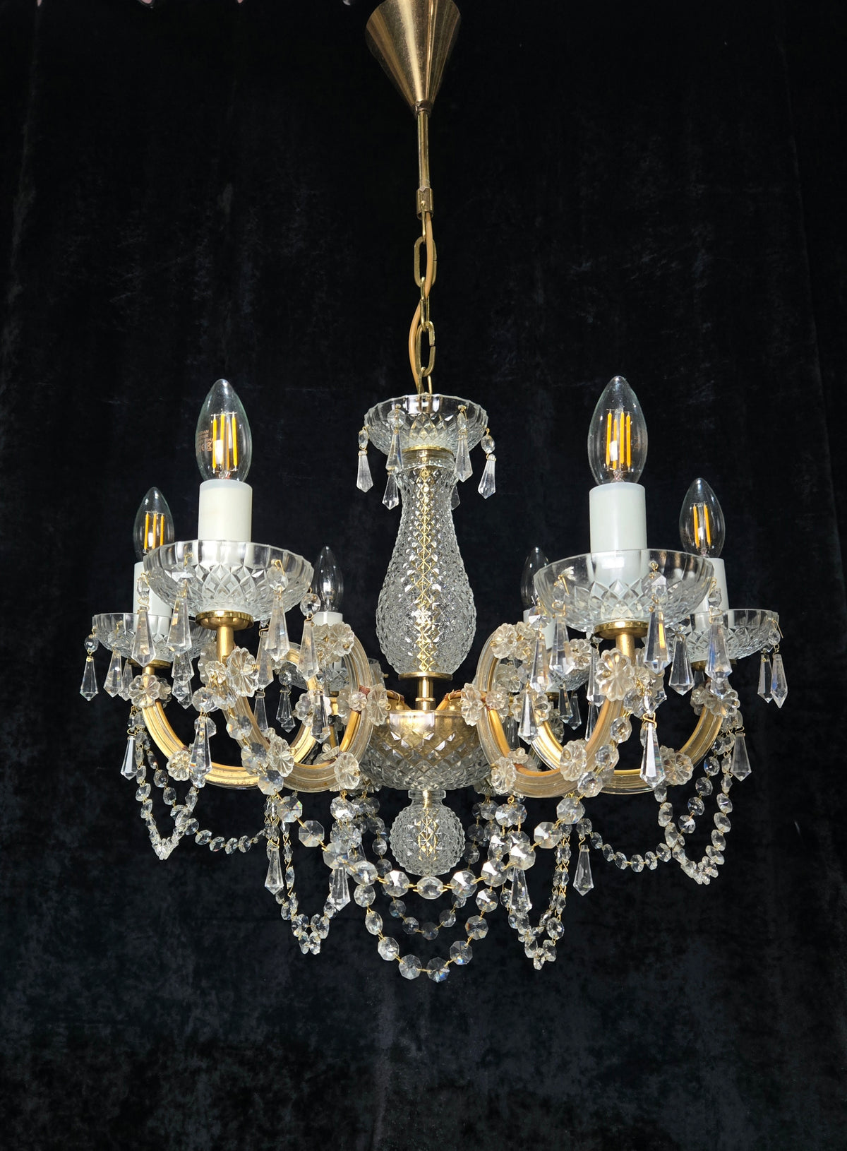 Beautiful Vintage French Crystal 6 Arm Marie Therese Brass Chandelier Light