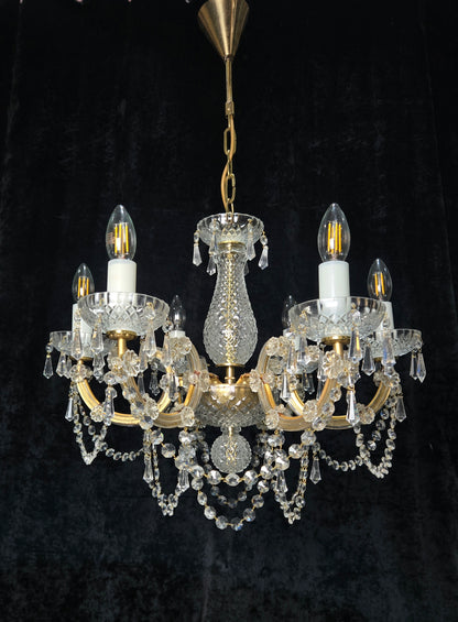 Beautiful Vintage French Crystal 6 Arm Marie Therese Brass Chandelier Light