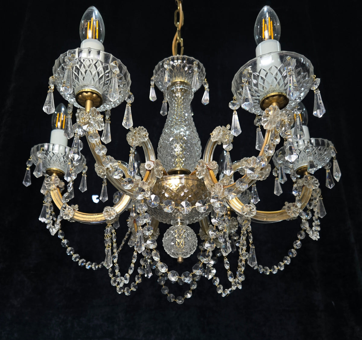 Beautiful Vintage French Crystal 6 Arm Marie Therese Brass Chandelier Light
