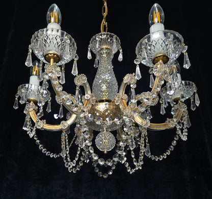 Beautiful Vintage French Crystal 6 Arm Marie Therese Brass Chandelier Light