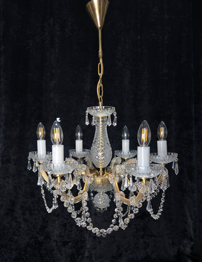 Beautiful Vintage French Crystal 6 Arm Marie Therese Brass Chandelier Light