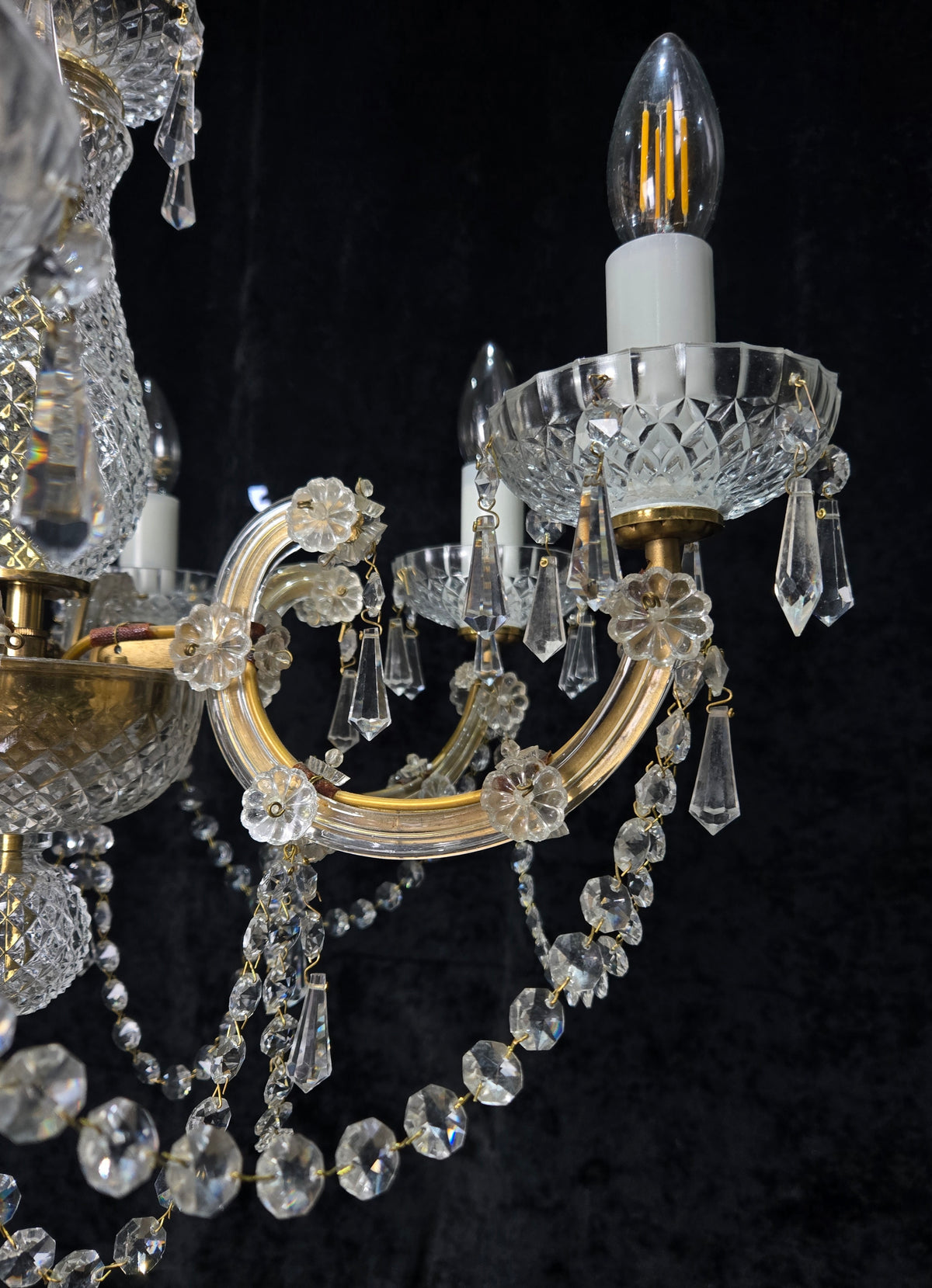 Beautiful Vintage French Crystal 6 Arm Marie Therese Brass Chandelier Light