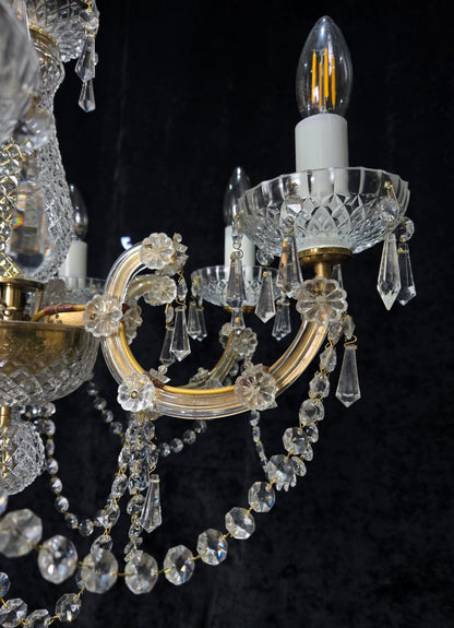 Beautiful Vintage French Crystal 6 Arm Marie Therese Brass Chandelier Light
