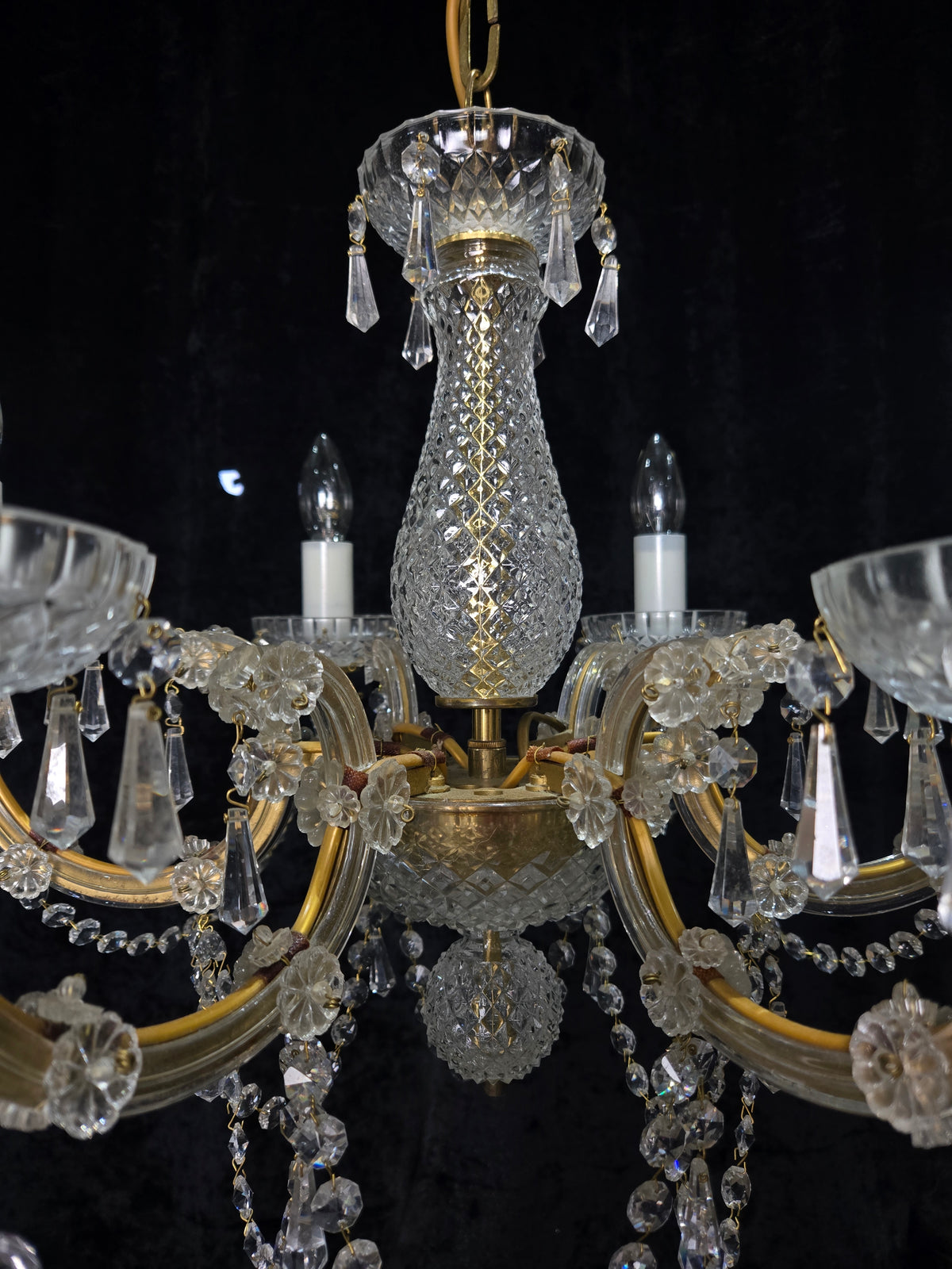 Beautiful Vintage French Crystal 6 Arm Marie Therese Brass Chandelier Light