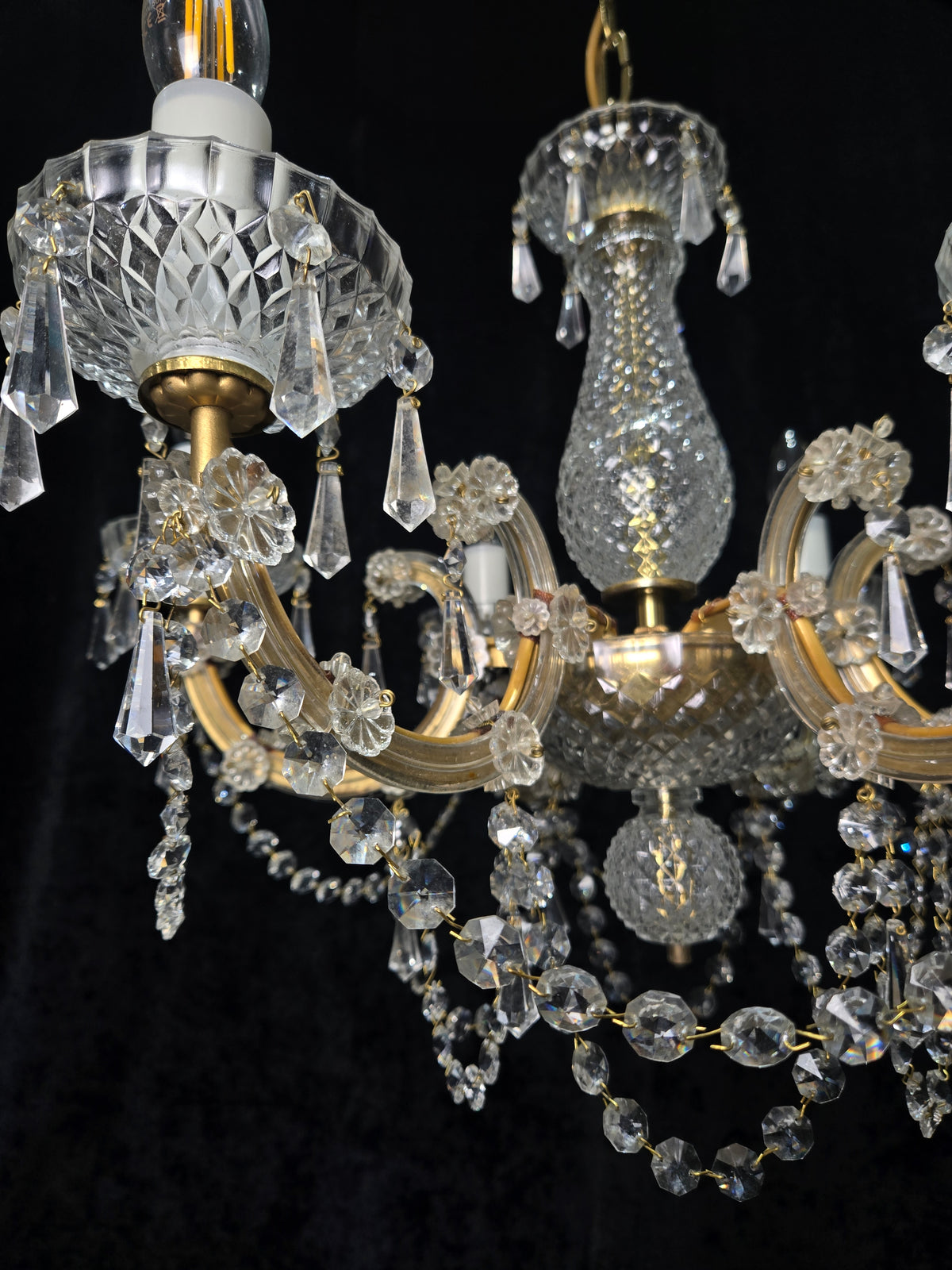 Beautiful Vintage French Crystal 6 Arm Marie Therese Brass Chandelier Light